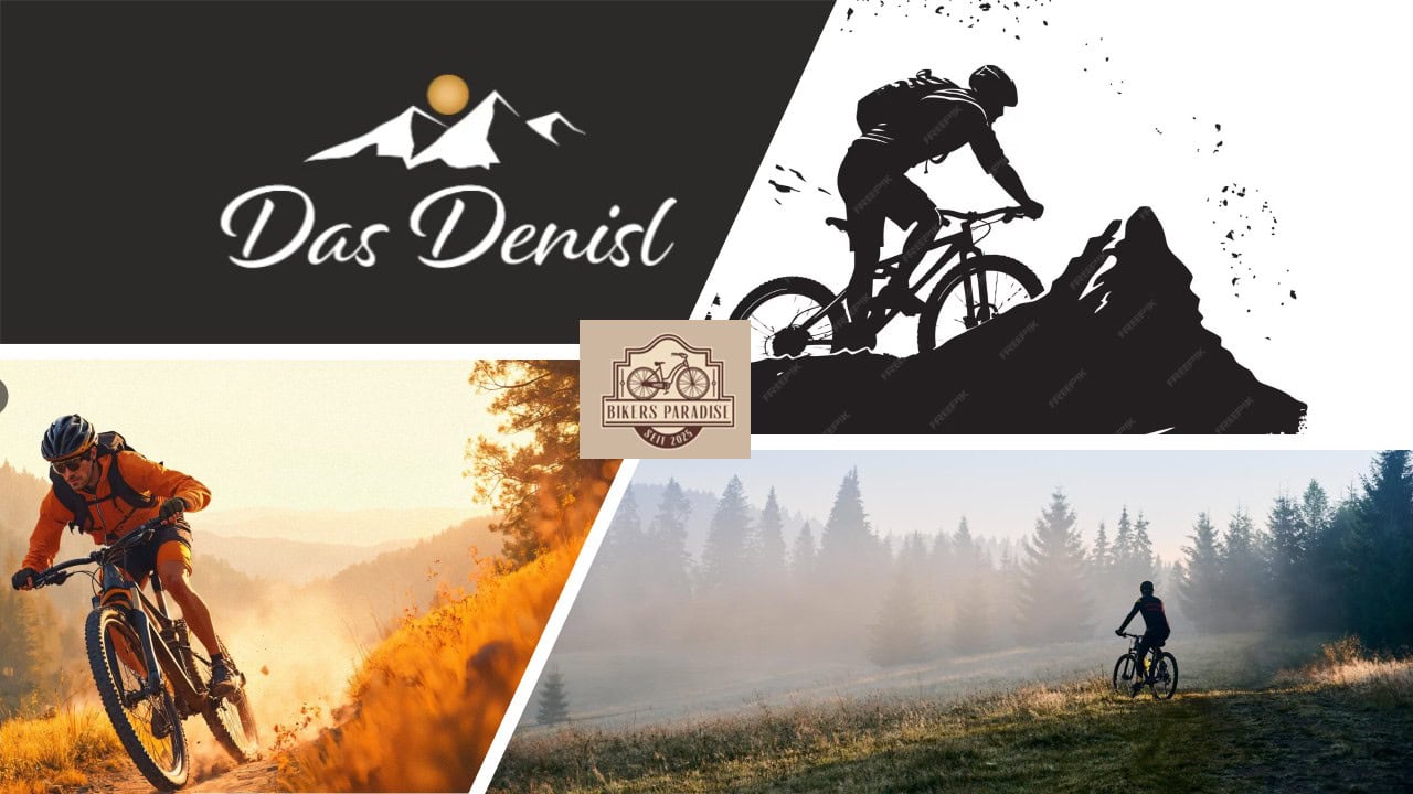 Eine Collage aus vier Mountainbike-Fotos mit Wald und Naturmotiven sowie dem Denisllogo.